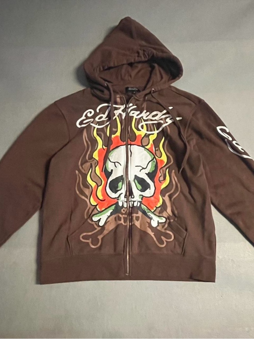 Ed Hardy Brown Skull & Flame Zip Hoodie with White Script